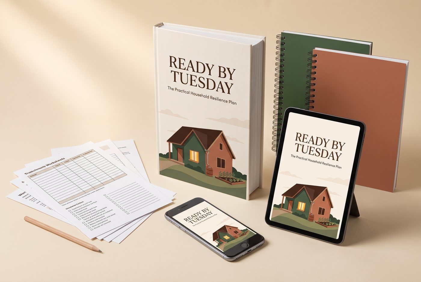 The complete Ready by Tuesday bundle: guide, worksheets, and companion tools on book, tablet and phone