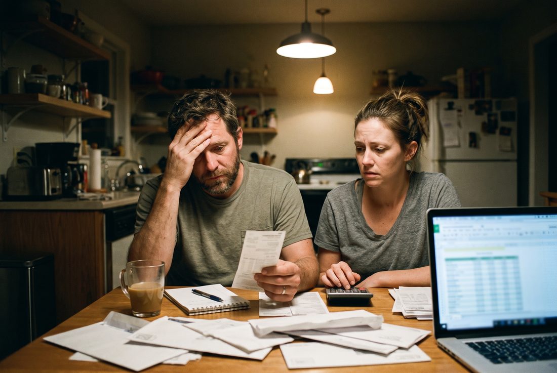 A couple at their kitchen table late at night working through bills